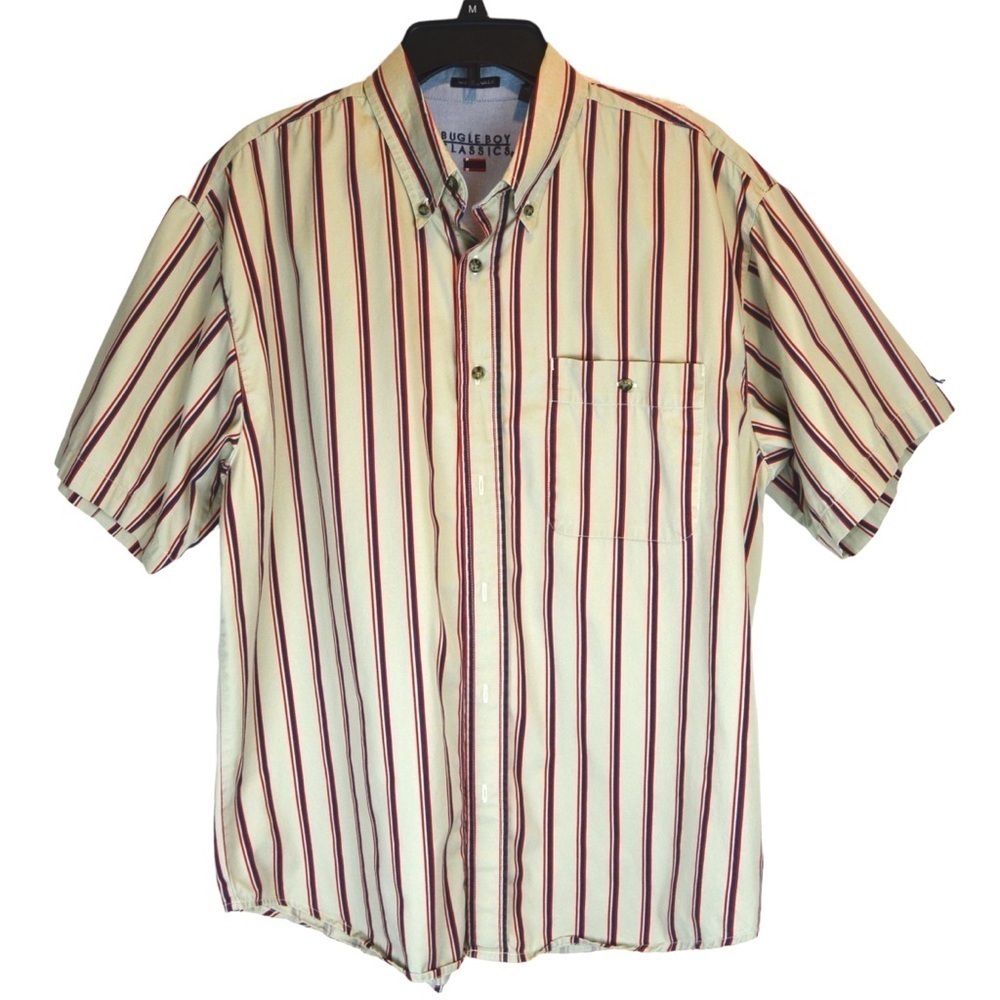 Bugle Boy Rockabilly No Wrinkle Striped Cotton Short Sleeve Shirt Size Large